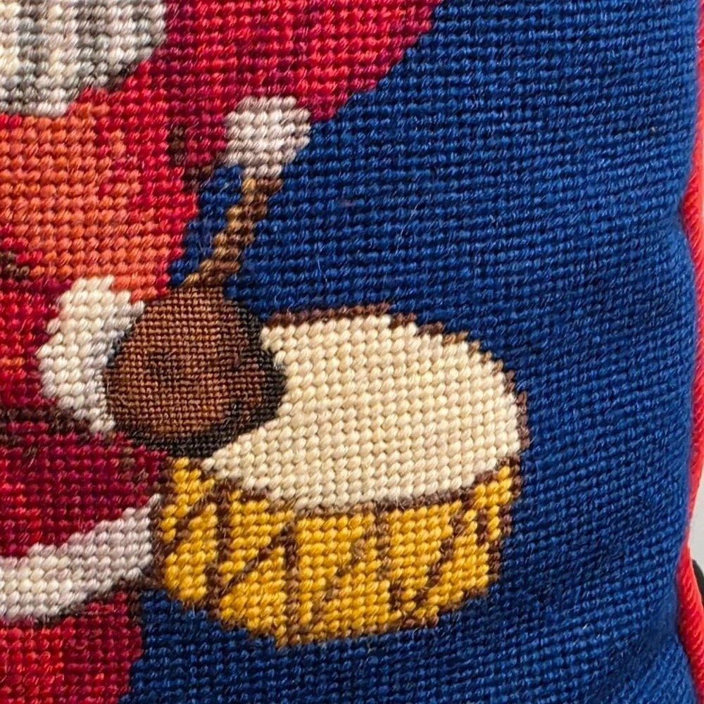 Vintage Christmas Needlepoint Throw Pillow, Little Drummer, Red Corduroy 15